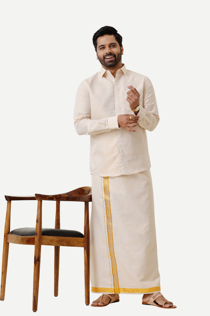 Vaibhav Grand - Gold Hexagonal Design Shirt & Dhoti Tissue Set 2 In 1 For Men | Uathayam