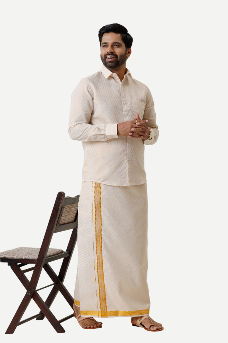 Vaibhav Grand - Gold Diamond Design Shirt & Dhoti Tissue Set 2 In 1 For Men | Uathayam