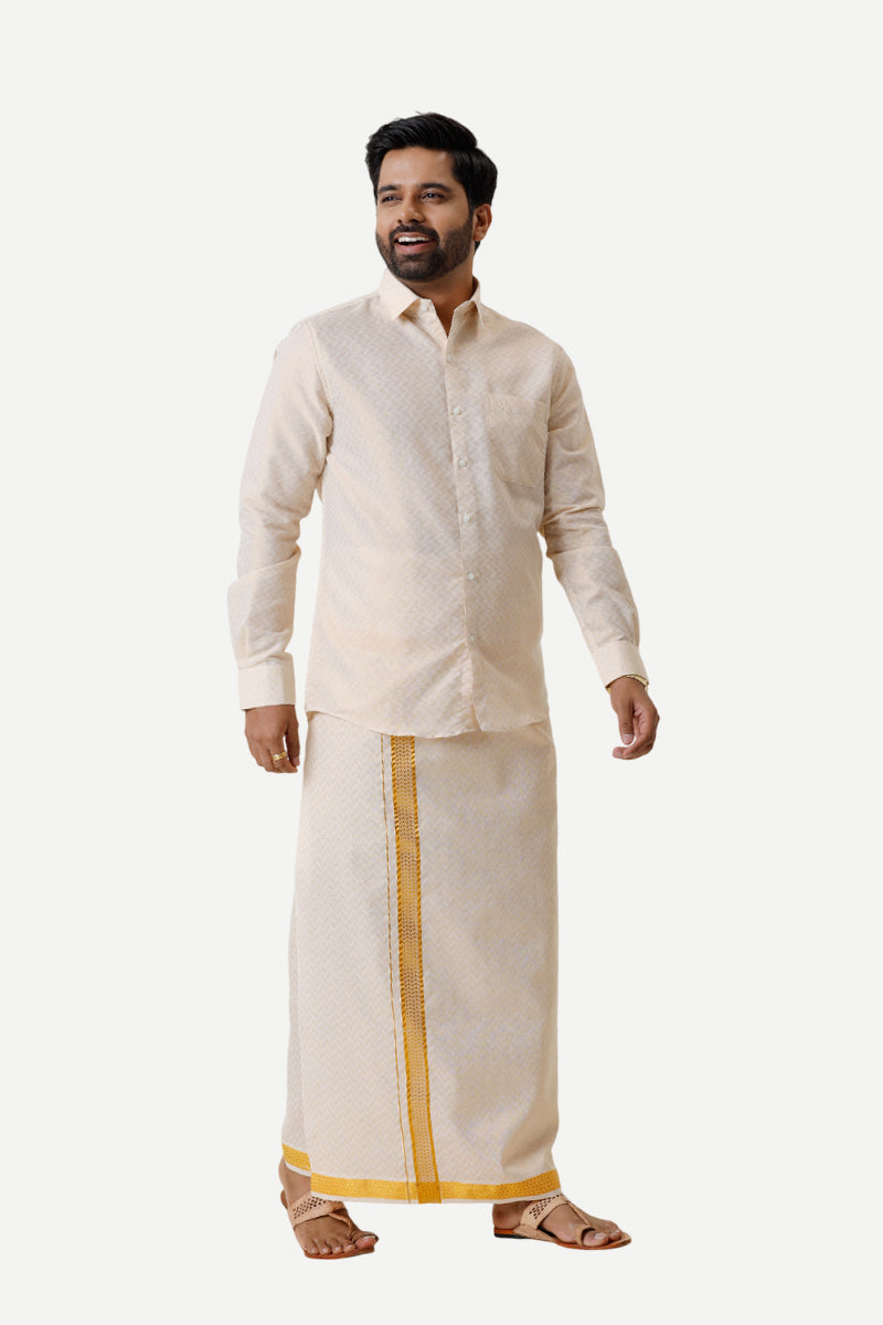 Vaibhav Grand - Gold Hexagonal Design Shirt & Dhoti Tissue Set 2 In 1 For Men | Uathayam