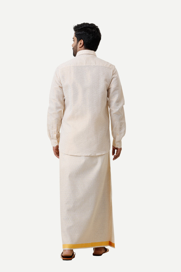 Vaibhav Grand - Gold Jacquard Design Shirt & Dhoti Tissue Set 2 In 1 For Men | Uathayam