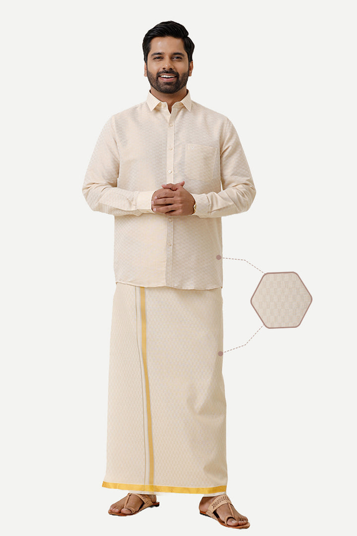 Vaibhav Grand - Gold Geometric Design Shirt & Dhoti Tissue Set 2 In 1 For Men | Uathayam