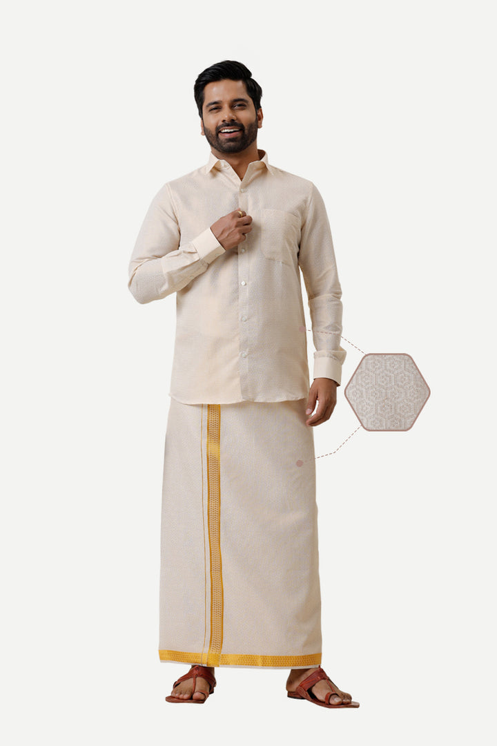 Vaibhav Grand - Gold Honey Comb Design Shirt & Dhoti Tissue Set 2 In 1 For Men | Uathayam