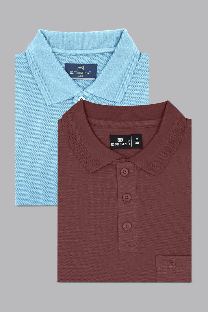 Canton Polo + Lycra Polo - Baby Blue and Cocoa Rust Brown T-Shirts Pack Of 2 Combo For Men | Ariser