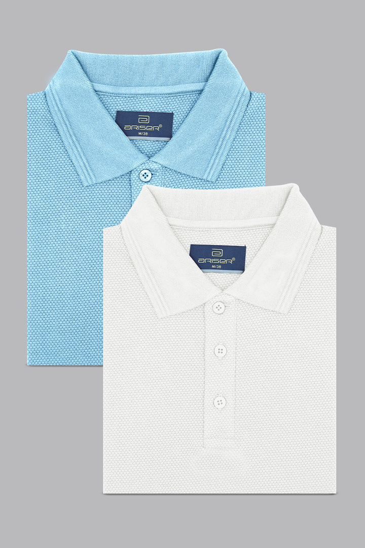 Two polo shirts, one blue and one white, on a gray background with a brand label.