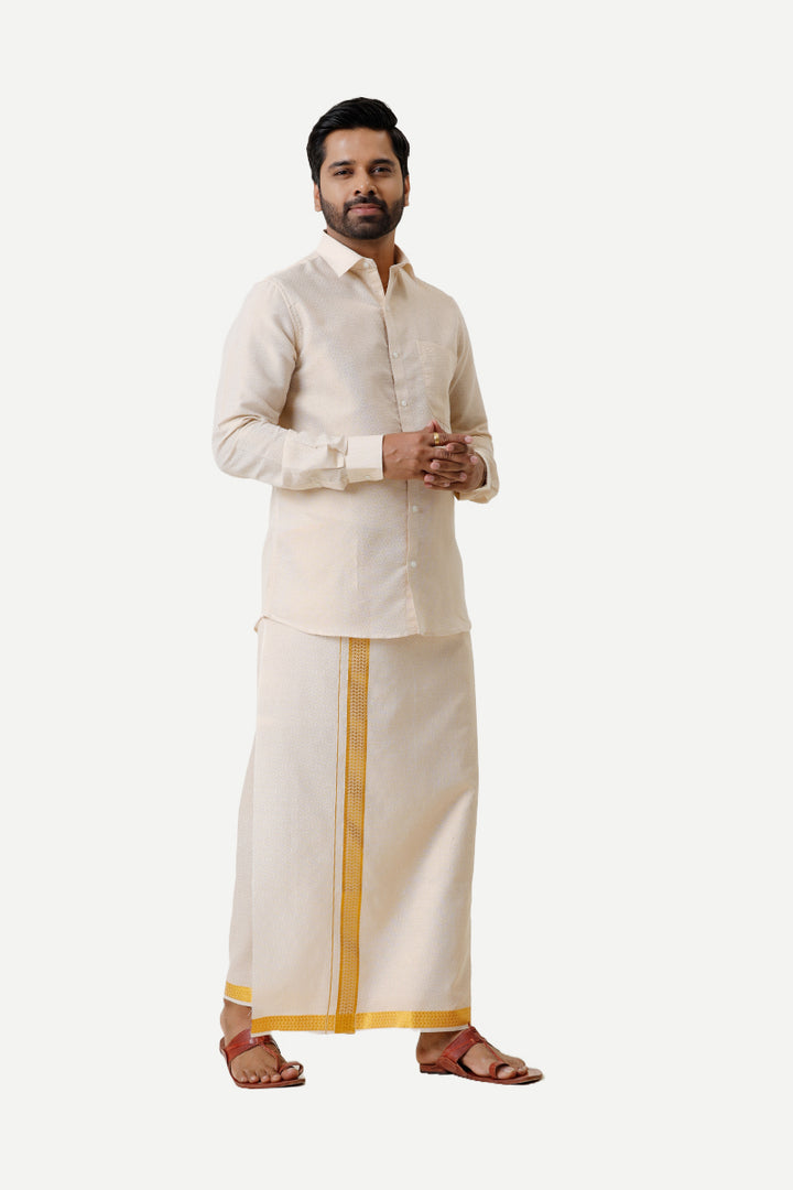 Vaibhav Grand - Gold Honey Comb Design Shirt & Dhoti Tissue Set 2 In 1 For Men | Uathayam