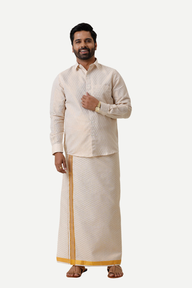 Vaibhav Grand - Gold Diamond Design Shirt & Dhoti Tissue Set 2 In 1 For Men | Uathayam