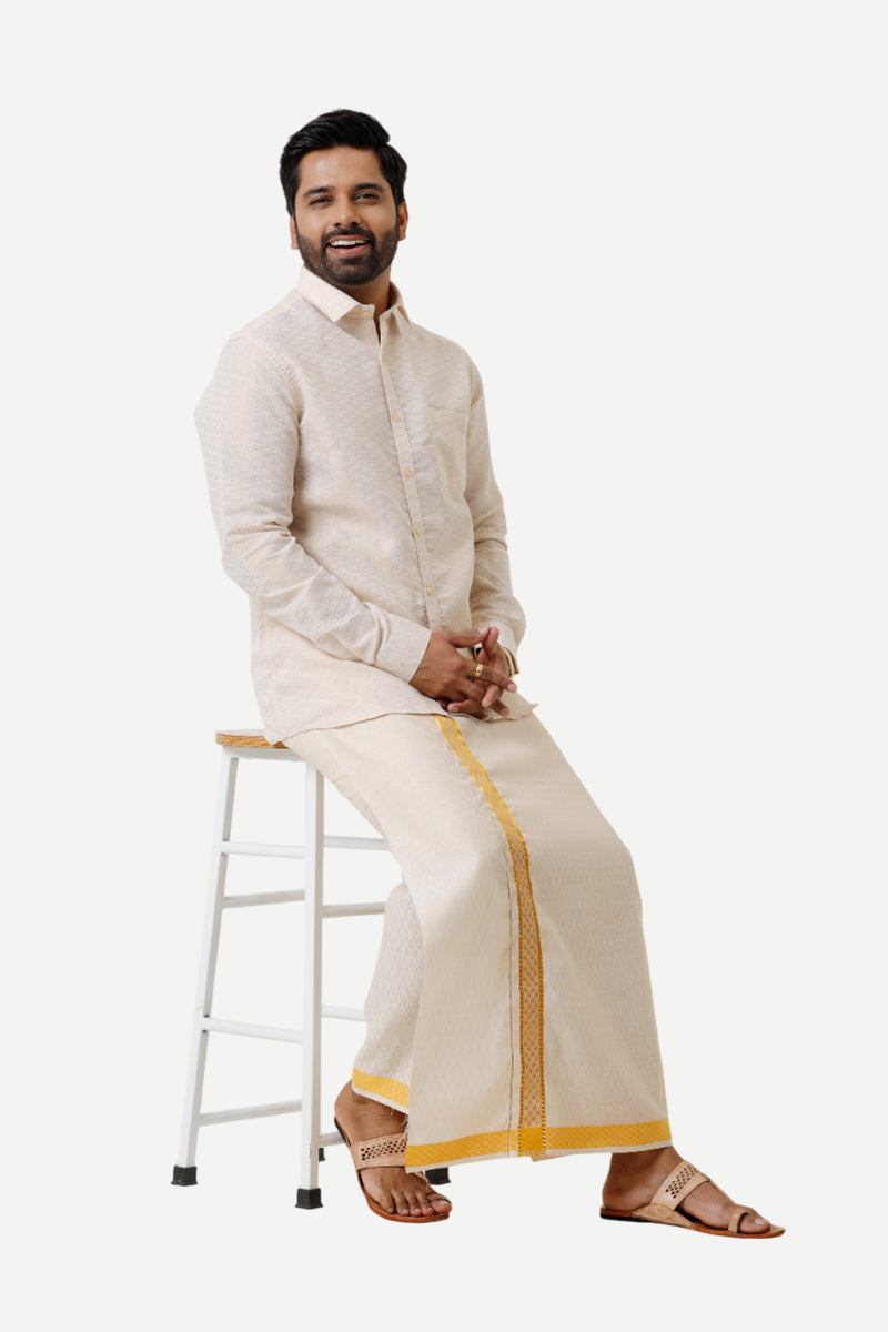 Vaibhav Grand - Gold Jacquard Design Shirt & Dhoti Tissue Set 2 In 1 For Men | Uathayam