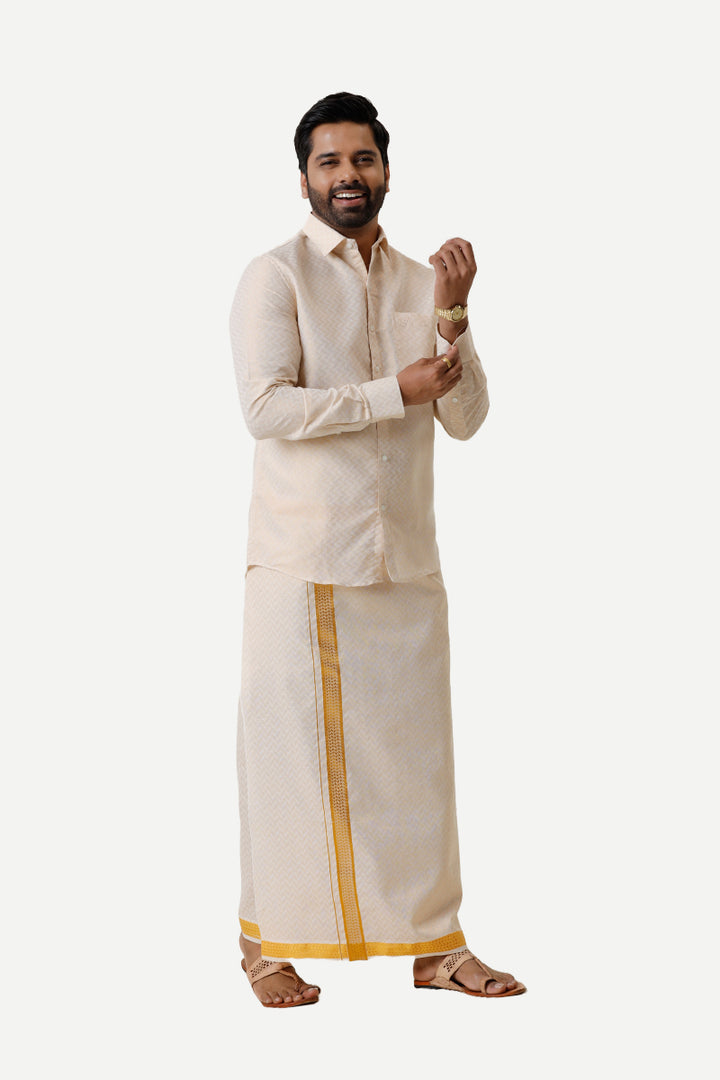 Vaibhav Grand - Gold Hexagonal Design Shirt & Dhoti Tissue Set 2 In 1 For Men | Uathayam