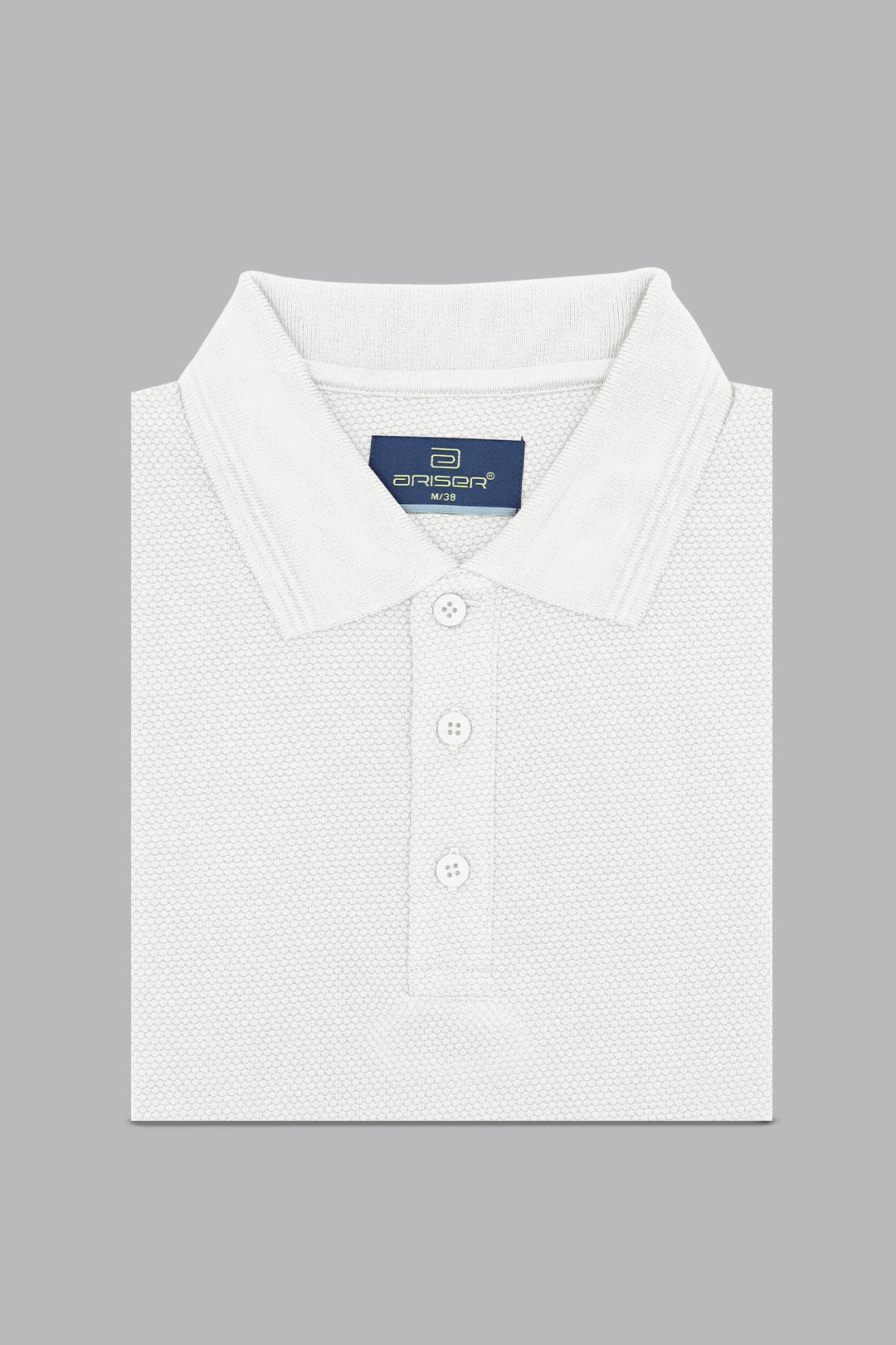 White textured polo shirt with a brand label on a gray background