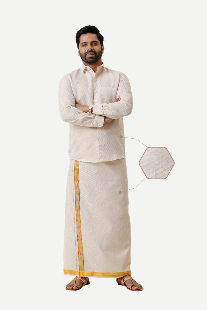 Vaibhav Grand - Gold Diamond Design Shirt & Dhoti Tissue Set 2 In 1 For Men | Uathayam