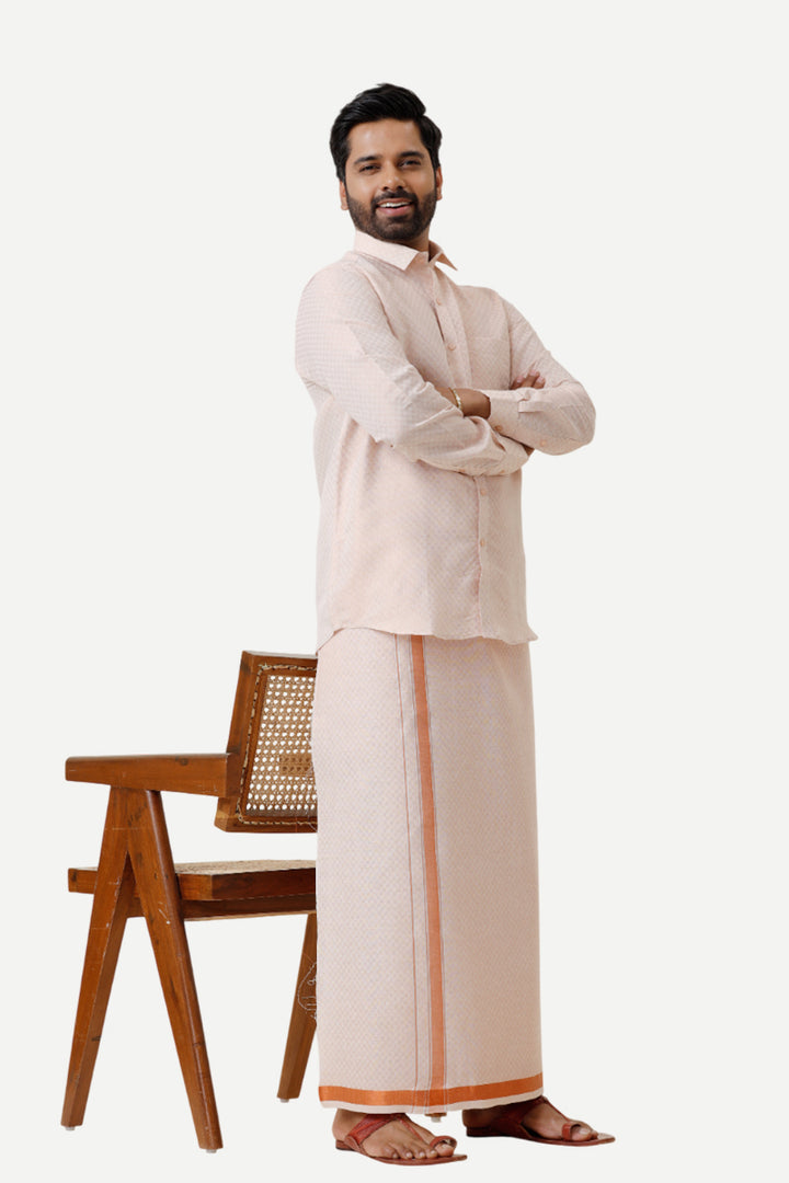 Vaibhav Grand - Copper Geometric Design Shirt & Dhoti Tissue Set 2 In 1 For Men | Uathayam