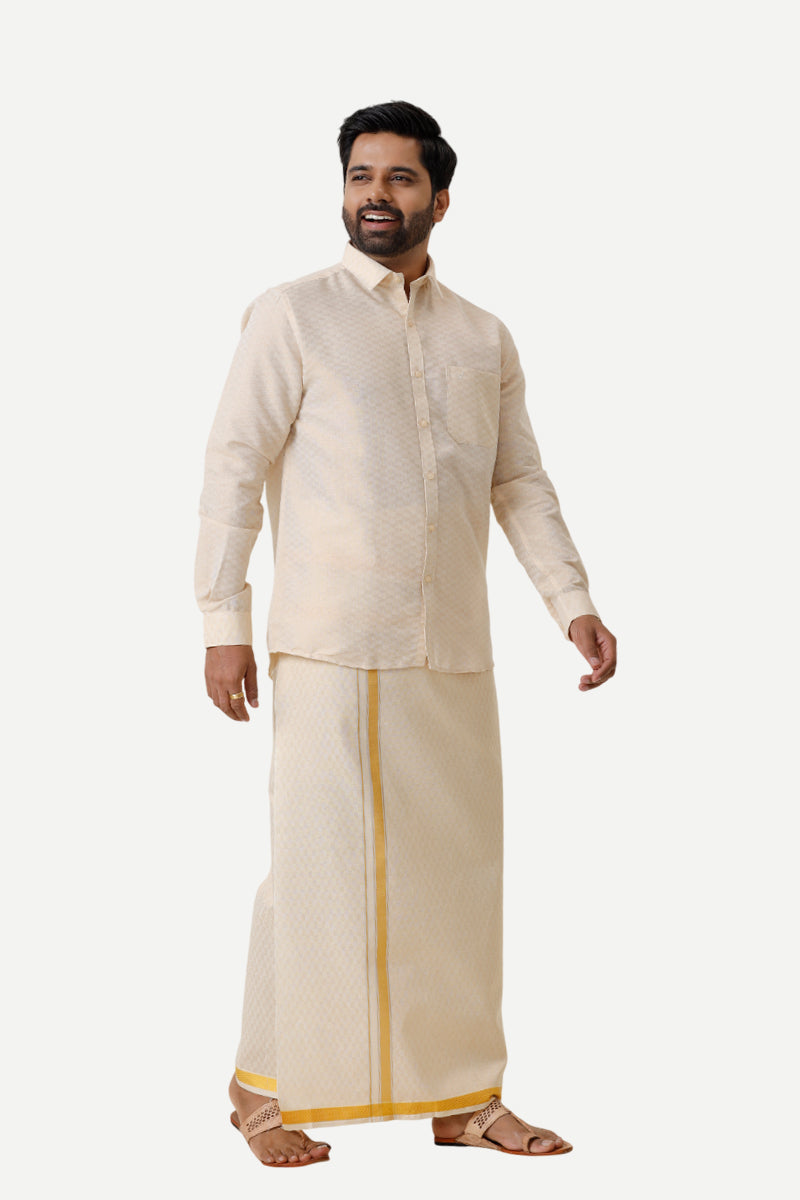 Vaibhav Grand - Gold Geometric Design Shirt & Dhoti Tissue Set 2 In 1 For Men | Uathayam