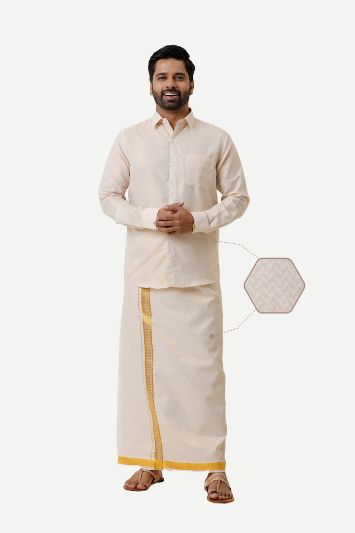 Vaibhav Grand - Gold Hexagonal Design Shirt & Dhoti Tissue Set 2 In 1 For Men | Uathayam