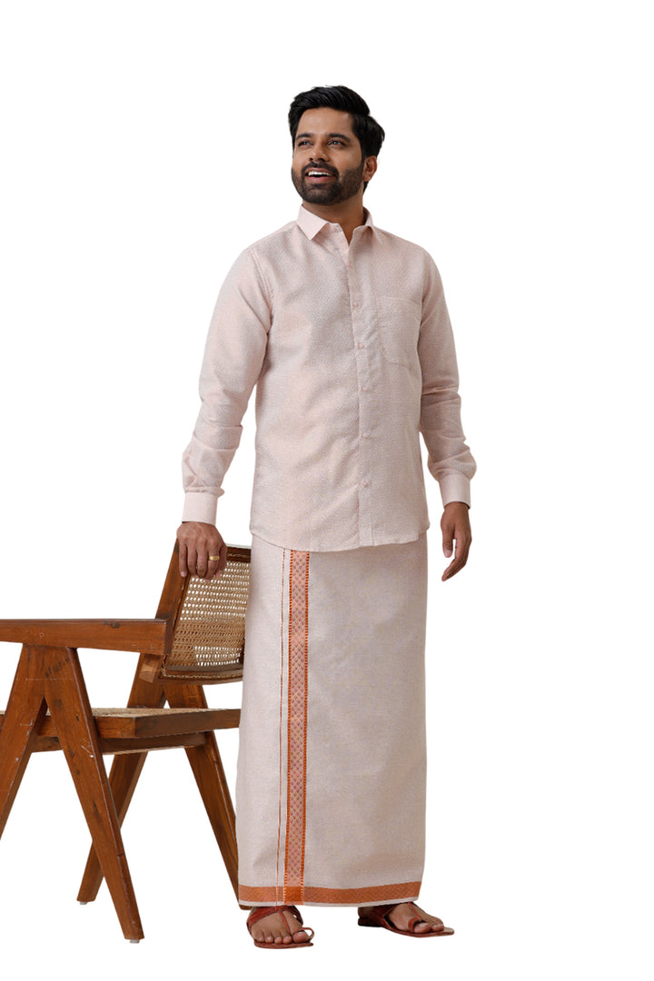 Vaibhav Grand - Copper Honey Comb Design Shirt and  Dhoti Tissue Set 2 In 1 For Men | Uathayam