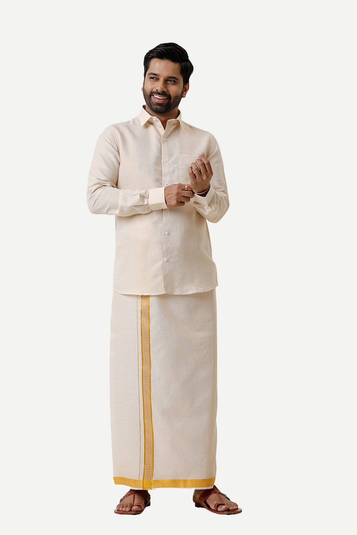 Vaibhav Grand - Gold Honey Comb Design Shirt & Dhoti Tissue Set 2 In 1 For Men | Uathayam