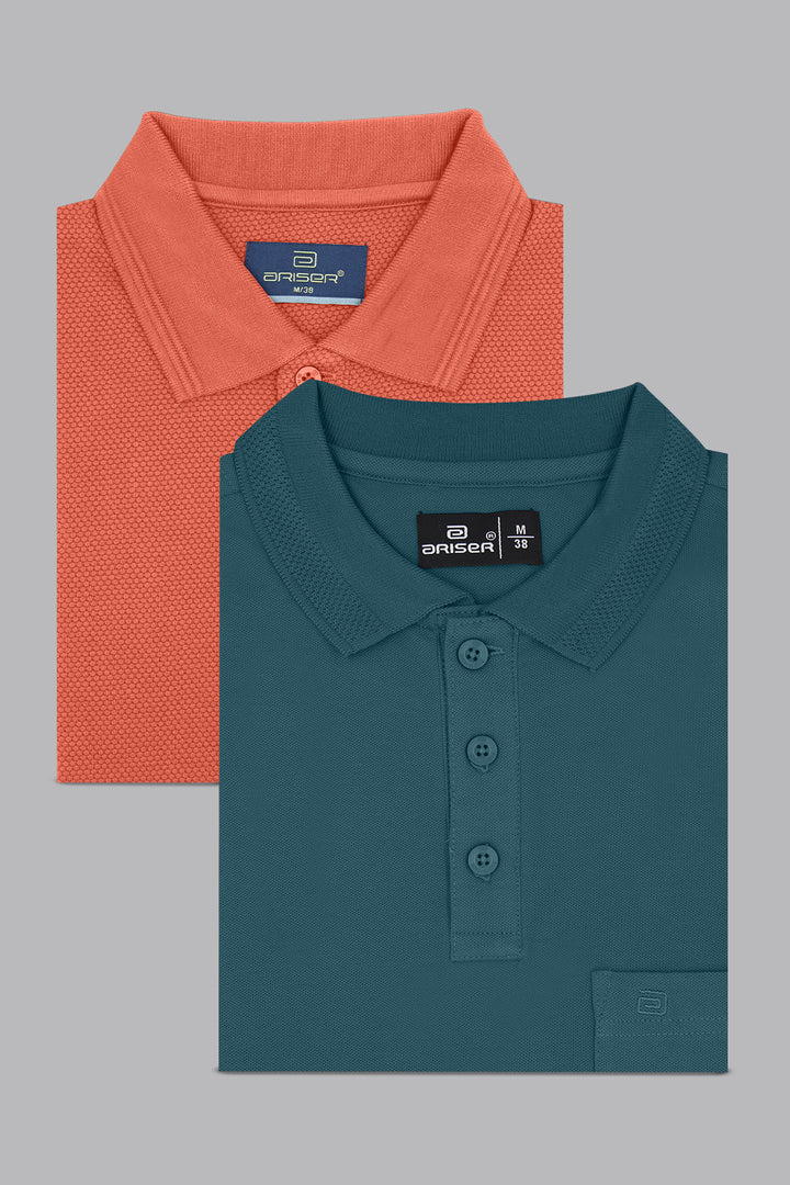Canton Polo + Lycra Polo - Coral Rust and Deep Teal Green T-Shirts Pack Of 2 Combo For Men | Ariser