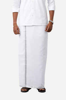 UATHAYAM Premium Cotton White Shirt and Silver Jari Fixit Dhoti Set Collection For Men