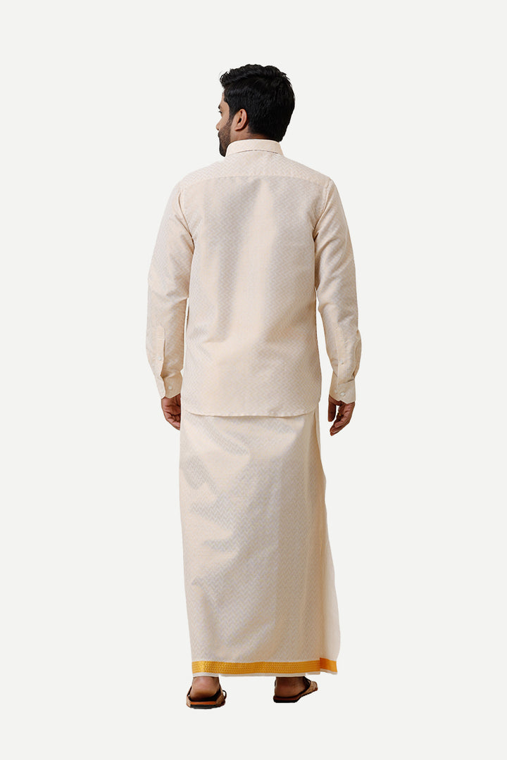 Vaibhav Grand - Gold Hexagonal Design Shirt & Dhoti Tissue Set 2 In 1 For Men | Uathayam