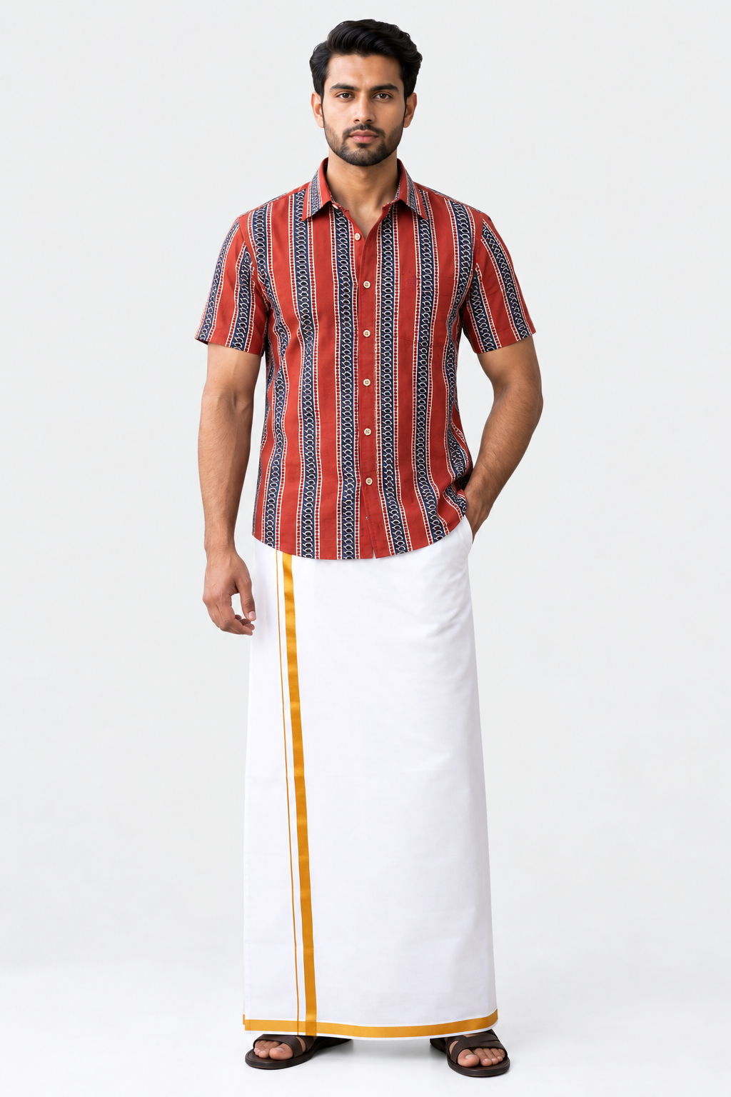A man modeling a traditional Indian outfit consisting of a short-sleeve button-up shirt with vertical red, black, and white stripes, paired with a white drape (kurtu) featuring a yellow stripe down the side, on a light gray background.