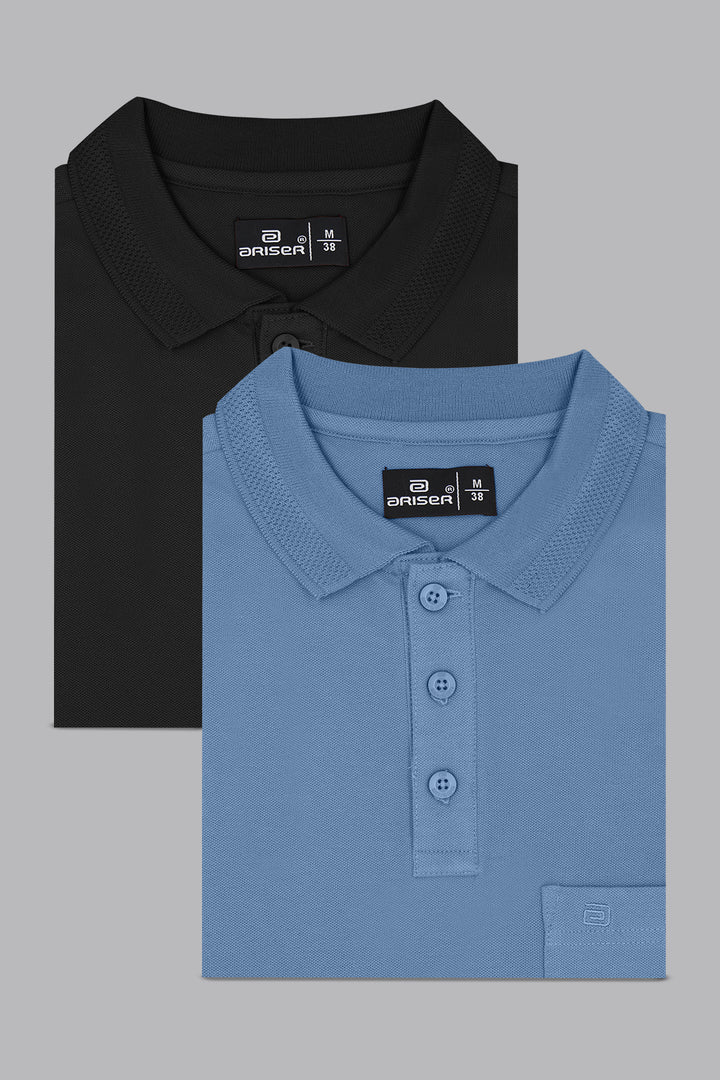 Lycra Polo - Jet Black and Steel Blue T-Shirts Pack Of 2 Combo For Men | Ariser