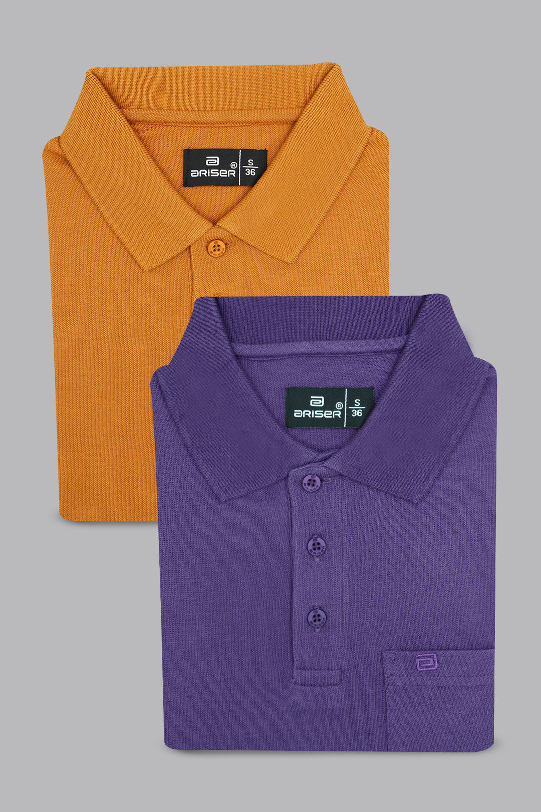Two folded polo shirts, one orange and one purple, on a gray background.