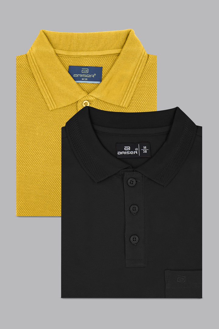 Canton Polo + Lycra Polo - Golden Amber and Jet Black T-Shirts Pack Of 2 Combo For Men | Ariser