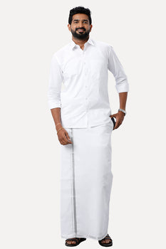 UATHAYAM Premium Cotton White Shirt and Silver Jari Fixit Dhoti Set Collection For Men