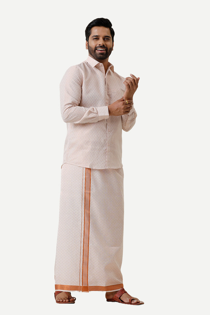 Vaibhav Grand - Copper Hexagonal Design Shirt and  Dhoti Tissue Set 2 In 1 For Men | Uathayam