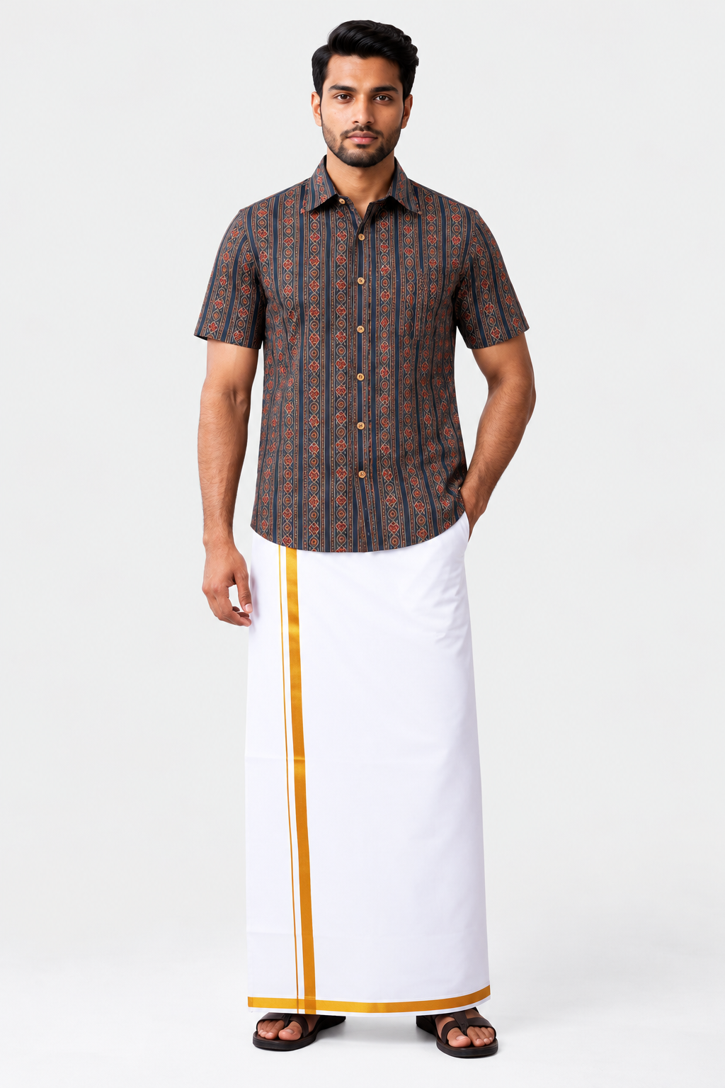 A man modeling a traditional outfit consisting of a short-sleeve button-up shirt with a dark brown and orange vertical pattern, paired with a white drape (kurtu) featuring a gold border, on a light gray background.