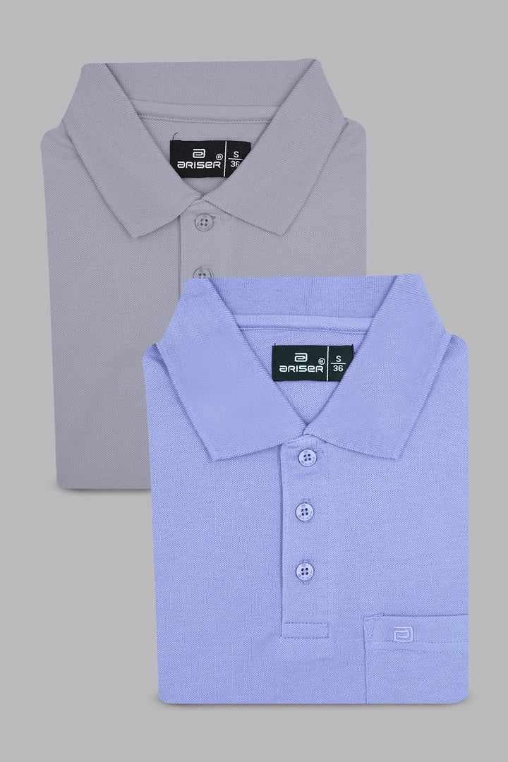 Two folded polo shirts, one gray and one blue, on a gray background with Braser branding.