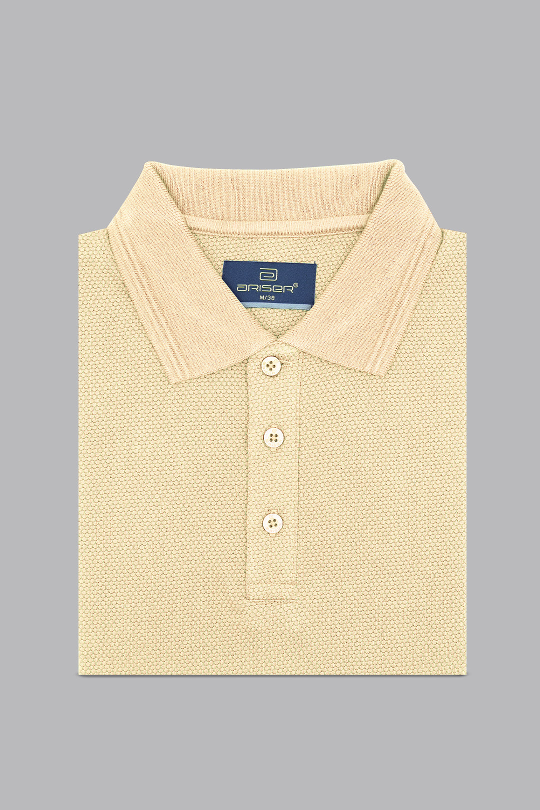 Beige polo shirt with a collar on a gray background