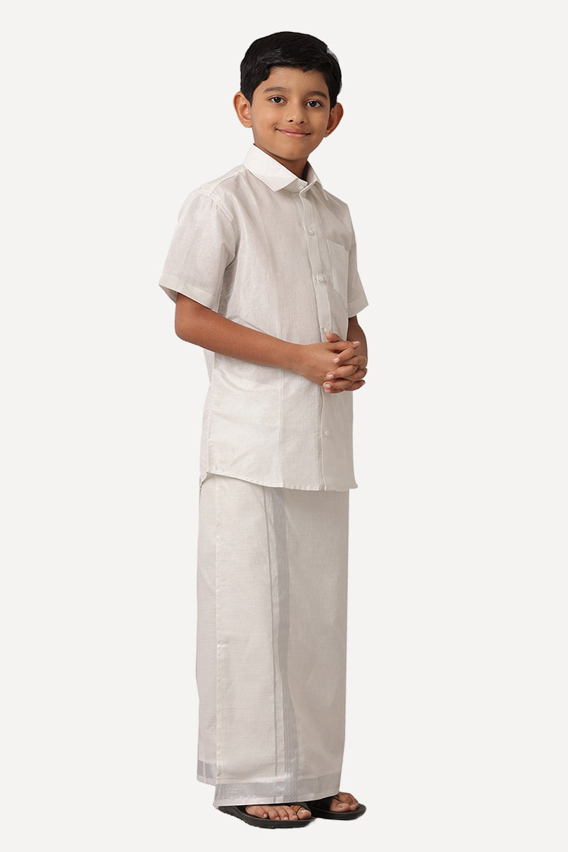 UATHAYAM Silver Color Cotton Vaibhav Shirt and Tissue Jari Dhoti Set For Kids