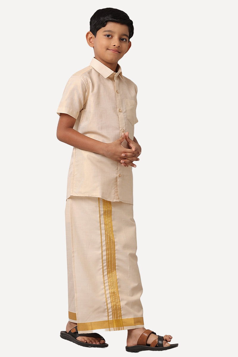 UATHAYAM Golden Yellow Color Cotton Vaibhav Shirt and Tissue Jari Dhoti Set For Kids