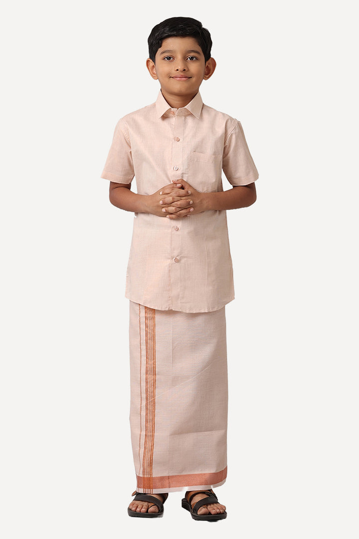 Uathayam Copper Orange Color Cotton Vaibhav Shirt and Tissue Jari Dhoti Set For Kids