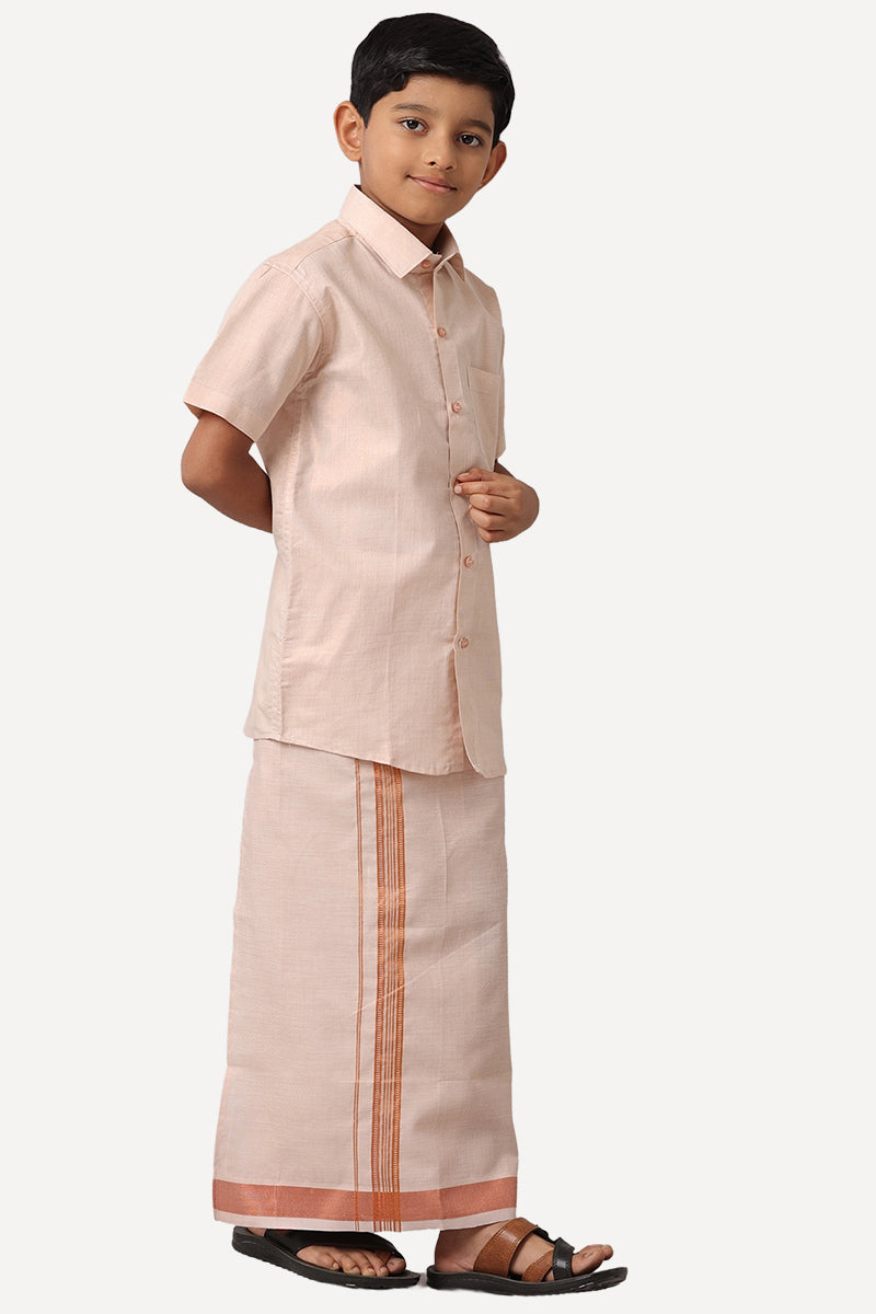Uathayam Copper Orange Color Cotton Vaibhav Shirt and Tissue Jari Dhoti Set For Kids