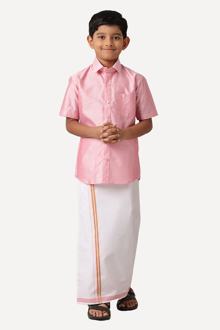 UATHAYAM Divine Cotton Silk Half Sleeve Solid Regular Fit Kids Shirt + Dhoti Set (Pink 13910)