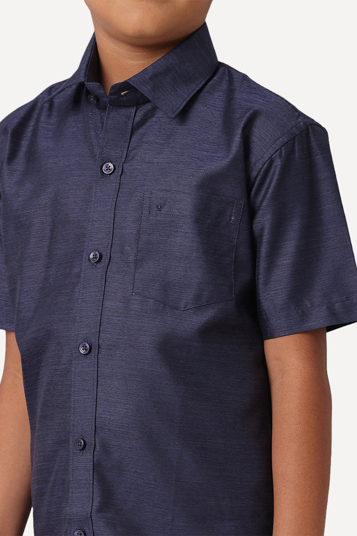 UATHAYAM Divine Cotton Silk Half Sleeve Solid Regular Fit Kids Shirt + Dhoti Set (Navy 13913)