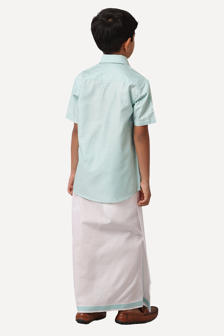 UATHAYAM Divine Cotton Silk Half Sleeve Solid Regular Fit Kids Shirt + Dhoti Set (Sky Blue 13916)