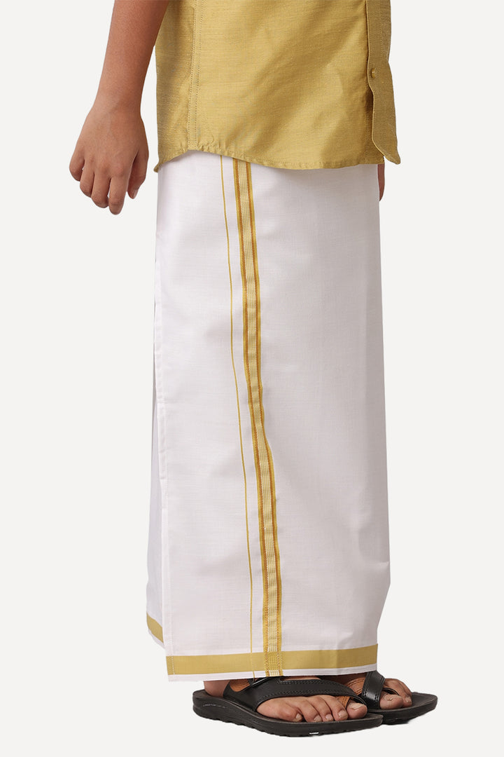 UATHAYAM Divine Cotton Silk Half Sleeve Solid Regular Fit Kids Shirt + Dhoti Set (Golden 13909)
