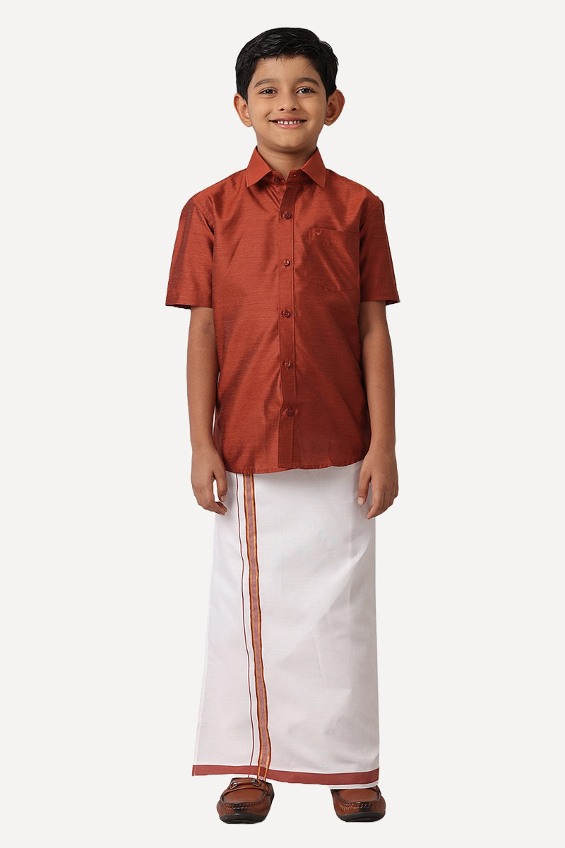 UATHAYAM Divine Cotton Silk Half Sleeve Solid Regular Fit Kids Shirt + Dhoti Set (Brown 13905)