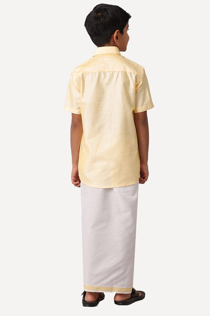 UATHAYAM Divine Cotton Silk Half Sleeve Solid Regular Fit Kids Shirt + Dhoti Set (Yellow 13917)