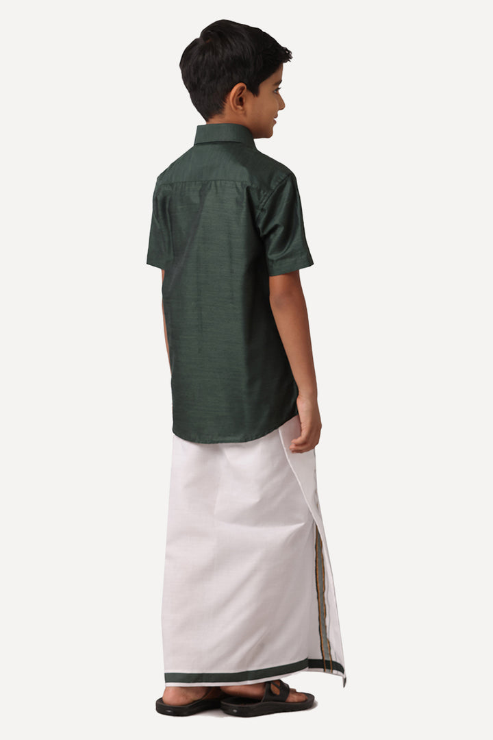 UATHAYAM Divine Cotton Silk Half Sleeve Solid Regular Fit Kids Shirt + Dhoti Set (Dark Green 13907)