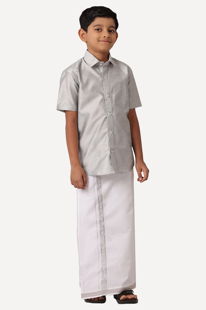 UATHAYAM Divine Cotton Silk Half Sleeve Solid Regular Fit Kids Shirt + Dhoti Set (Grey 13911)