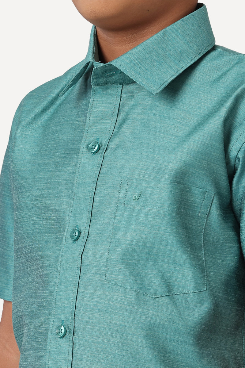 UATHAYAM Divine Cotton Silk Half Sleeve Solid Regular Fit Kids Shirt + Dhoti Set (Ramar Green 13908)
