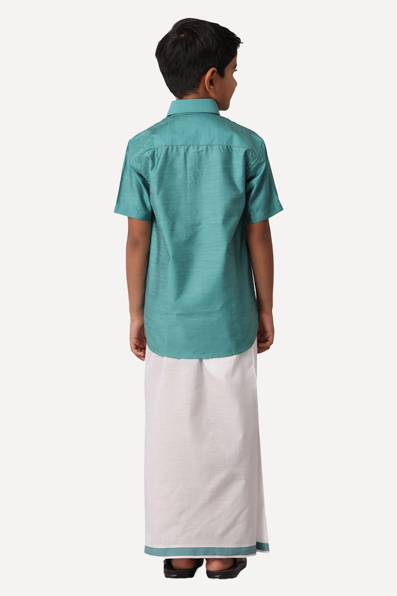 UATHAYAM Divine Cotton Silk Half Sleeve Solid Regular Fit Kids Shirt + Dhoti Set (Ramar Green 13908)