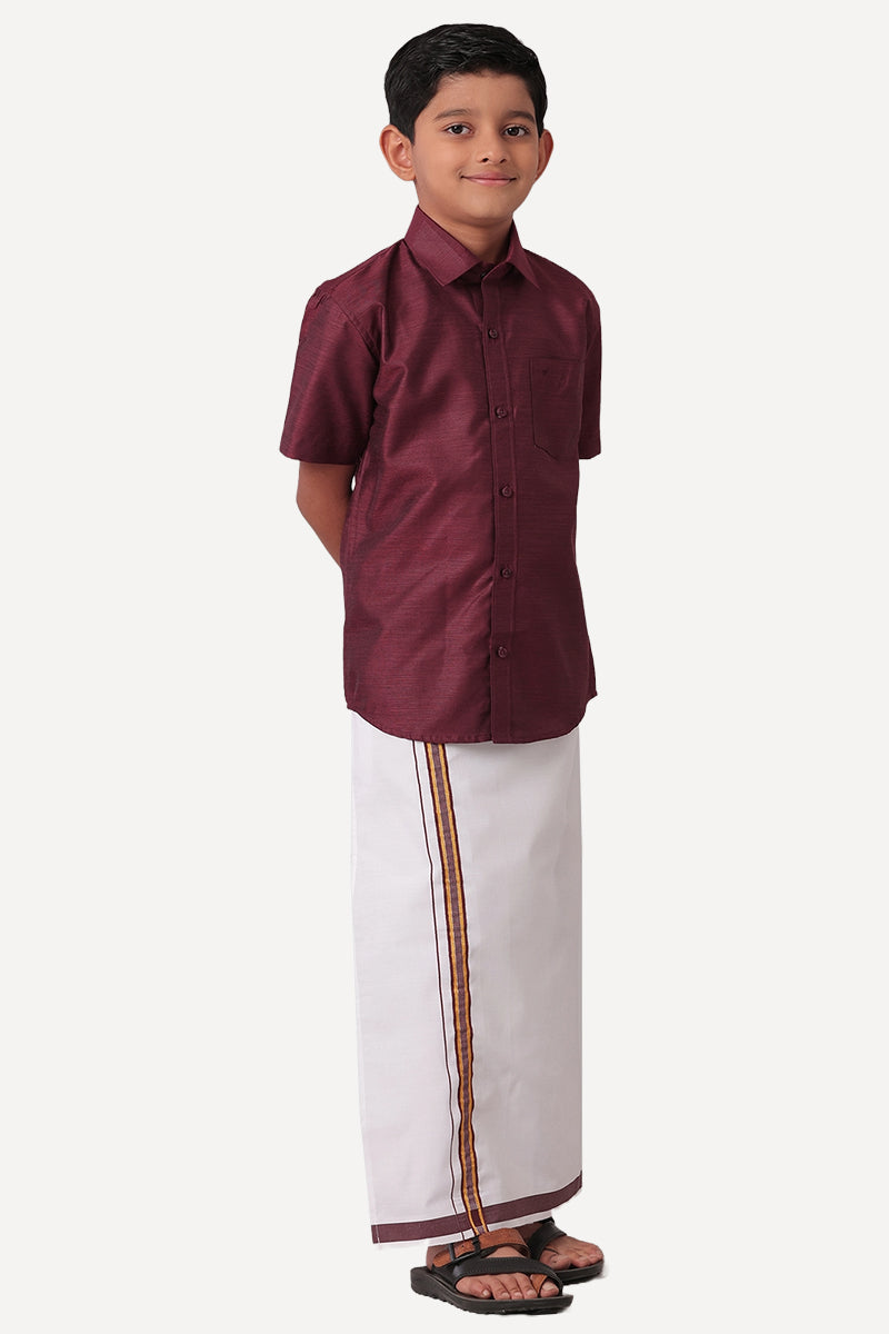 UATHAYAM Divine Cotton Silk Half Sleeve Solid Regular Fit Kids Shirt + Dhoti Set (Maroon 13912)