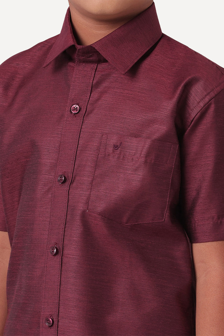 UATHAYAM Divine Cotton Silk Half Sleeve Solid Regular Fit Kids Shirt + Dhoti Set (Maroon 13912)