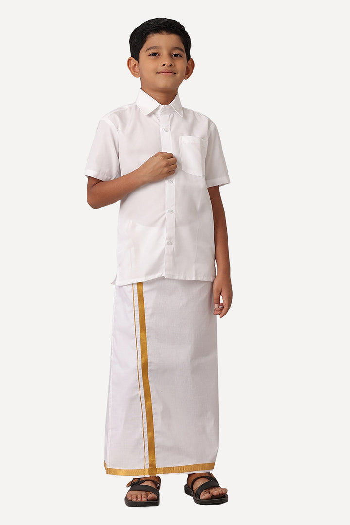 UATHAYAM Junior Star Premium White Cotton Half Sleeve Solid Regular Fit Shirt + Jari Dhoti Set For Kids