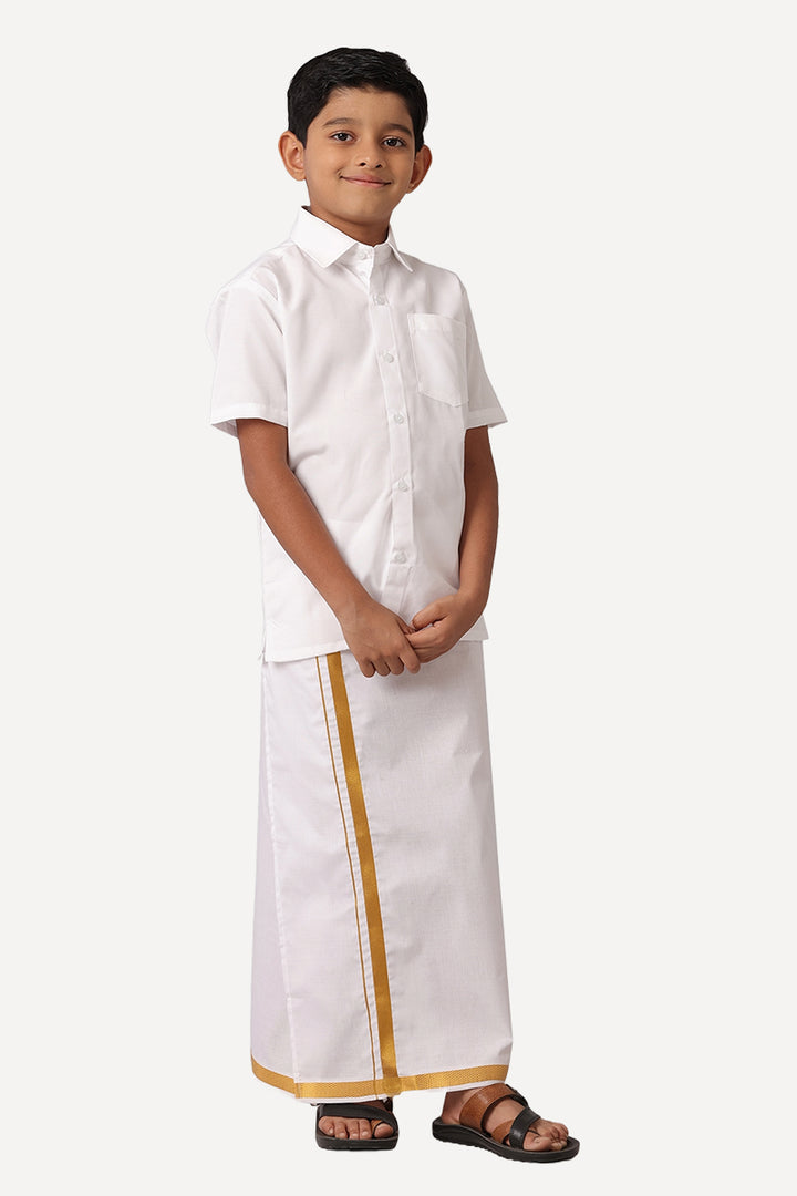 UATHAYAM Junior Star Premium White Cotton Half Sleeve Solid Regular Fit Shirt + Jari Dhoti Set For Kids