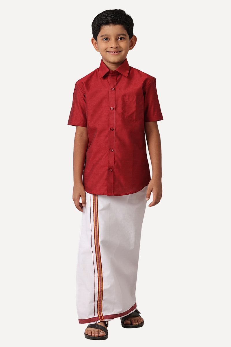 UATHAYAM Divine Cotton Silk Half Sleeve Solid Regular Fit Kids Shirt + Dhoti Set (Dark Red 13906)